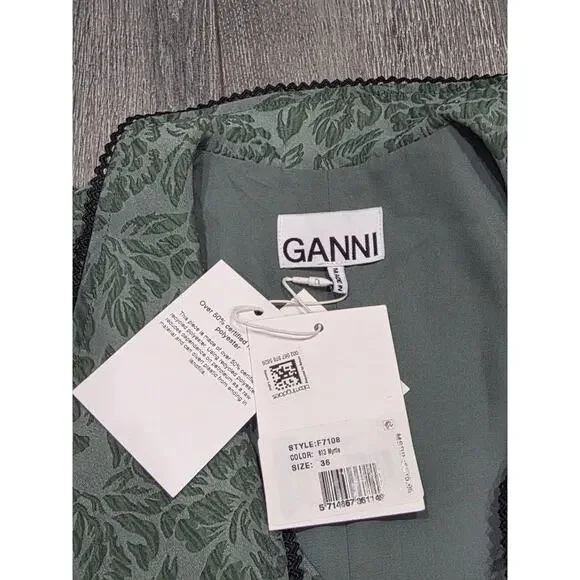 GANNI Organza Mini Dress Size 36 Myrtle Jacquard Balloon coquette fairy A004055 - Picture 8 of 13